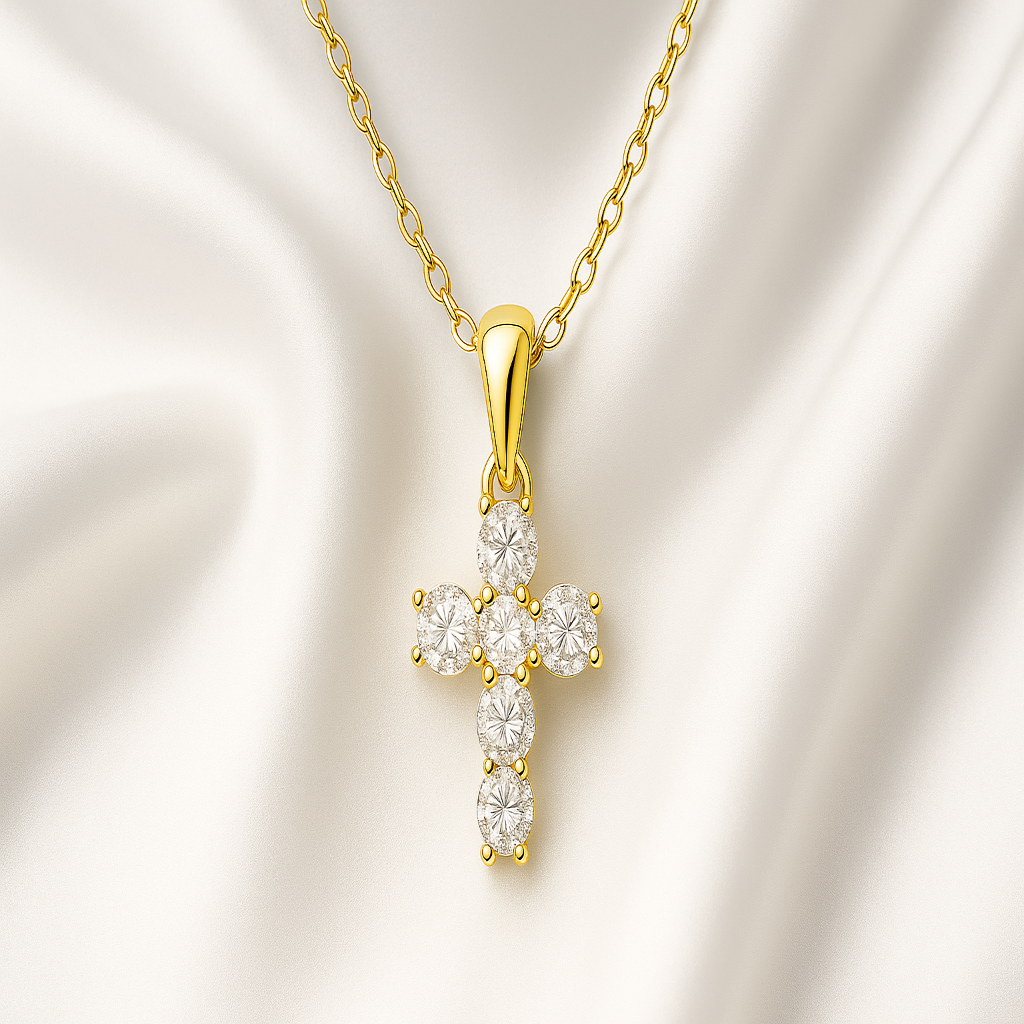 Gold-Plated Silver Cross Necklace with Stones