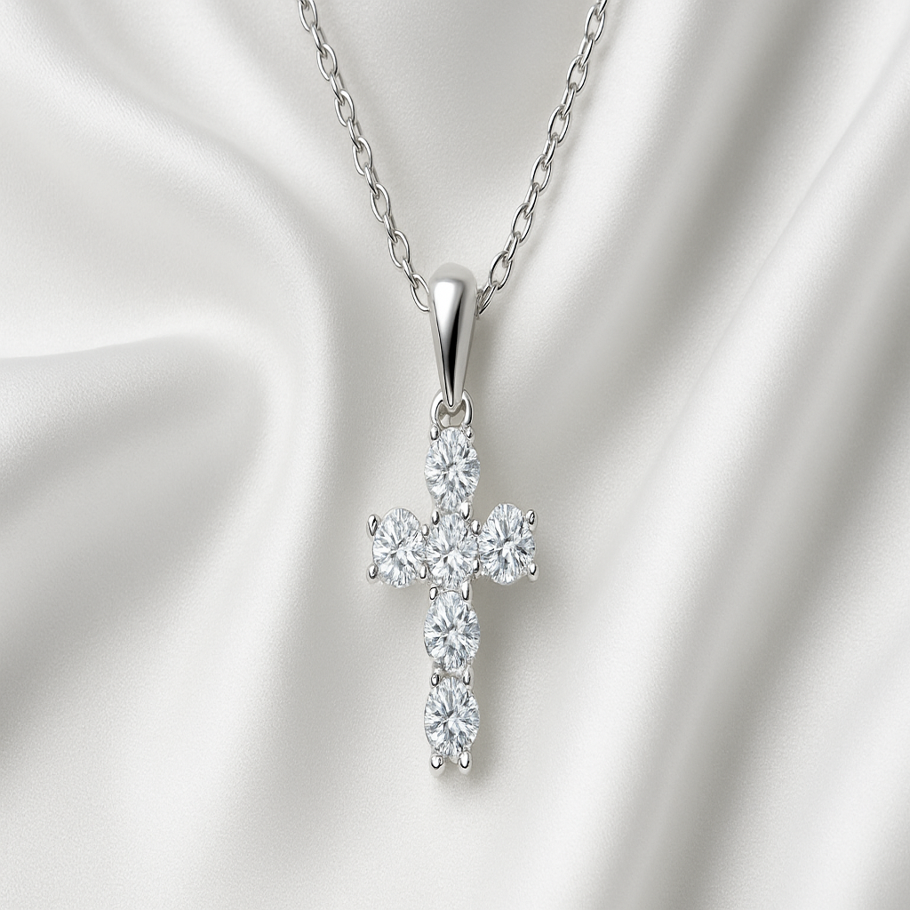 Silver Cross Necklace with Stones