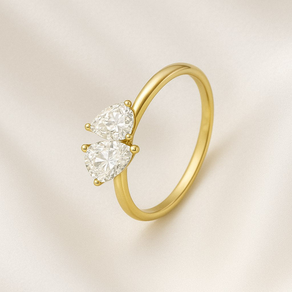 Gold-Plated Silver Double Pear-Shaped Stone Ring